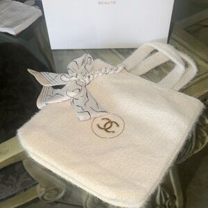 CC Beaute Cream Tote with Gold Logo and charm with box